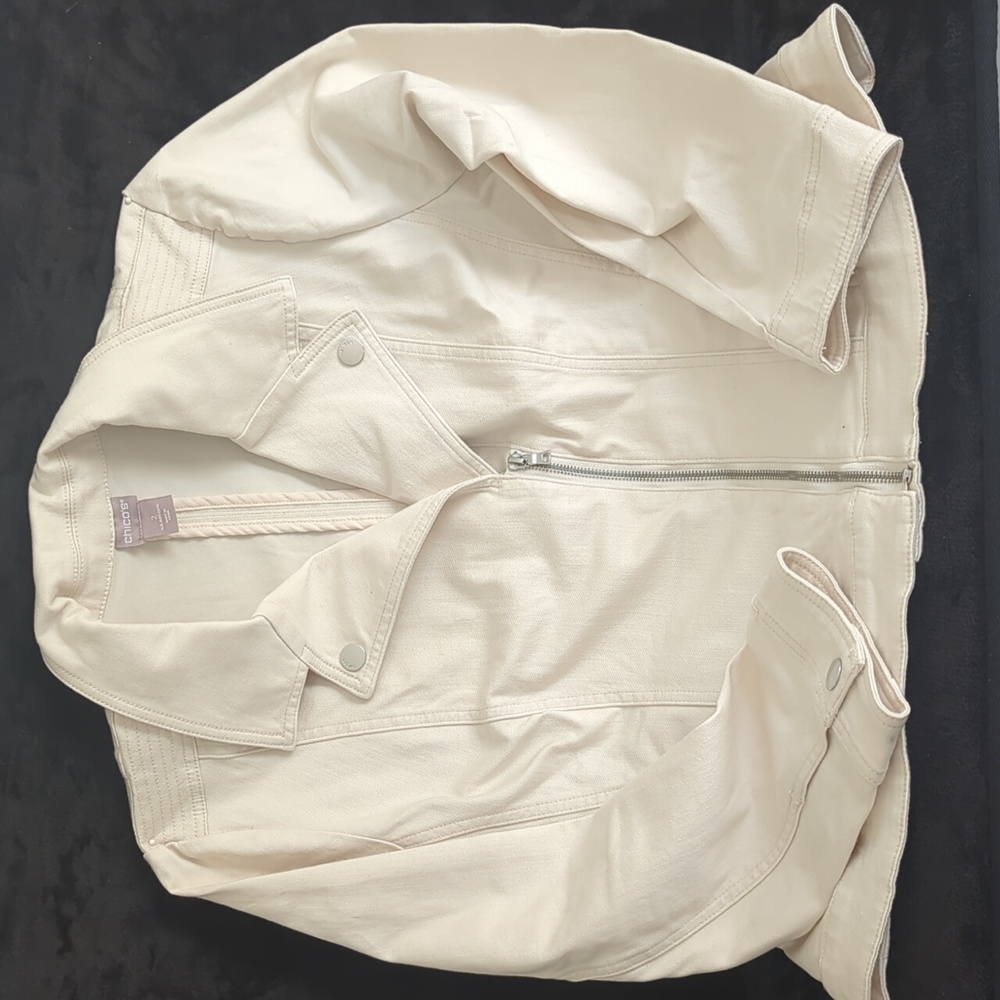 Chico'cream denim coat with zip up front and silver accent buttons